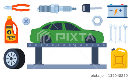 Car service, maintenance and repair elements. Mechanics checks and maintains, car on lift in service workshop. Vector illustration. Car service, maintenance and repair elements. Mechanics checks and maintains, car on lift in service workshop. Vector illustration. 139048250