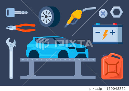 Car service, maintenance and repair elements. Mechanics checks and maintains, car on lift in service workshop. Vector illustration. 139048252