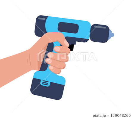 Power tool screwdriver in mans hand. Home renovation equipment. Tools of the handyman. Vector illustration. Power tool screwdriver in mans hand. Home renovation equipment. Tools of the handyman. Vector illustration. 139048260