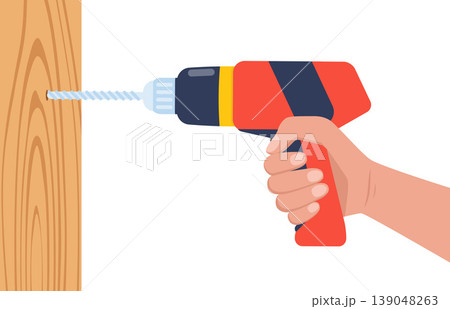 Electric screwdriver in hand. Battery screwdriver or drill. Home renovation equipment. Tools of the handyman. Vector illustration. Electric screwdriver in hand. Battery screwdriver or drill. Home renovation equipment. Tools of the handyman. Vector illustration. 139048263