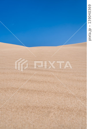 sand dune against a blue spring sky, clean, empty sandy beaches awaiting vacationers, vertical poster with copy space 139048369