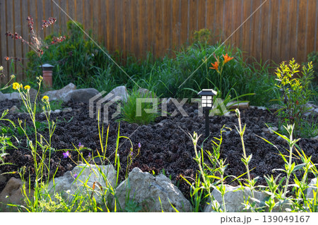 Landscape flowerbed, modern solar lantern, border of mulched perennials, boulders, ornamental grass, eco-friendly minimalism, path lighting, design accent. Landscape flowerbed, modern solar lantern, border of mulched perennials, boulders, ornamental grass, eco-friendly minimalism, path lighting, design accent. 139049167
