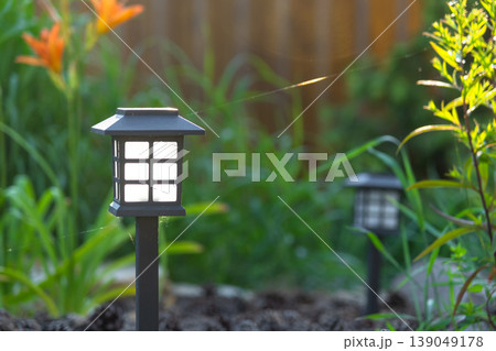 Minimalist landscape lantern, mixed perennial bed (daylilies, grasses), mulch and stones, solar LED path accent, modern eco-friendly design. 139049178