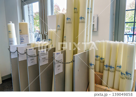 Specially crafted candles burning in Lourdes. One of the great t 139049858