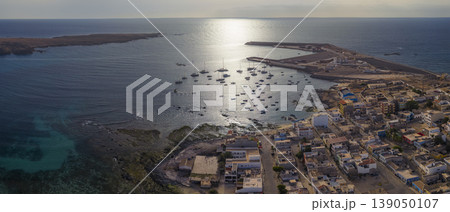 Aerial view of port of the city of Sal Rei and old city Aerial view of port of the city of Sal Rei and old city 139050107