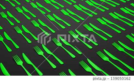 Group of fork and spoon of green color is placed on gray gradient background. Concept of cutlery in restaurant service. Bokeh effect. 3D render. 139050162