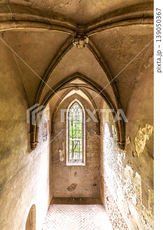 The Rosa Coeli monastery. Ancient catholic ruin of women monastery near Dolni Kounice city. Religion gothic place with spiritual history builded from stone. Medieval and historical heritage. 139050367