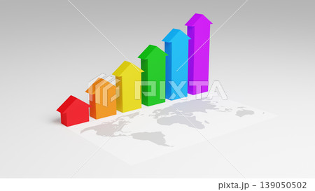 Rainbow colored arrows are growing from zero to up above the world map. Concept of business growth and economic theme in the world. 3D render. 139050502