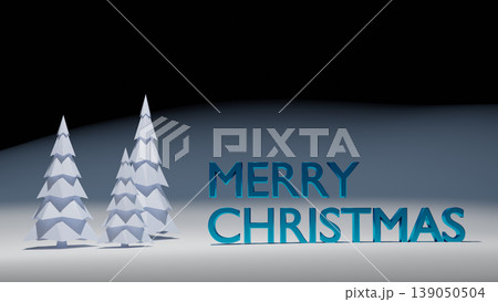 Merry Christmas greeting card. Simple low poly illustration with white trees and blue text, placed on snow land. Simple retro design, 3D render. Merry Christmas greeting card. Simple low poly illustration with white trees and blue text, placed on snow land. Simple retro design, 3D render. 139050504