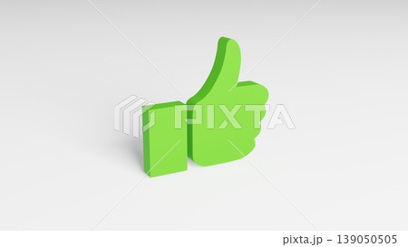 Green thumb up symbol is placed on white desk. Gesture of agreement, 3D render. 139050505