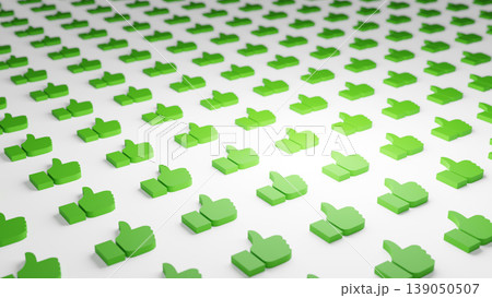 Set of green colored thumb up 3D models placed on white desk. Light effect with gradient shadow. Concept of approved idea or success. Bokeh effect with blurred background. 139050507