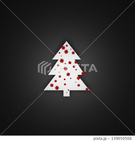 Christmas tree of white color placed on black gradient bacground. Tree is covered with molecule of virus with red color. Concept of christmas during pandemic situation of COVID-19 in the world. Christmas tree of white color placed on black gradient bacground. Tree is covered with molecule of virus with red color. Concept of christmas during pandemic situation of COVID-19 in the world. 139050508
