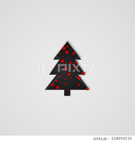 Black christmas tree placed on white background, covered with molecules of coronavirus (COVID-19 virus). Concept of christmas holidays during the pandemic situation in world. Usable as greeting card 139050510