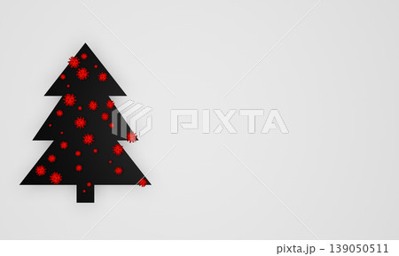 Black christmas tree placed on white background, covered with molecules of coronavirus (COVID-19 virus). Concept of christmas holidays during the pandemic situation in world. Usable as greeting card Black christmas tree placed on white background, covered with molecules of coronavirus (COVID-19 virus). Concept of christmas holidays during the pandemic situation in world. Usable as greeting card 139050511