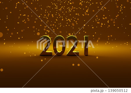 Number 2021 of gold color is placed on gradient gold background. Particles of light are falling from top side. Concept of celebration for new year 2021. Happy new year greeting image. 3D render. 139050512