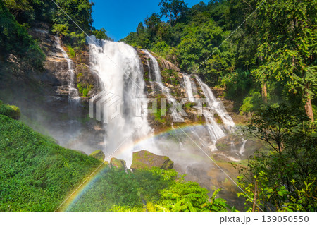 Wachirathan Waterfall at Doi Inthanon National Park, Mae Chaem District, Chiang Mai Province, Thailand. Fresh flowing water in tropical rainforest. Green trees, vibrant colors, tranquility 139050550