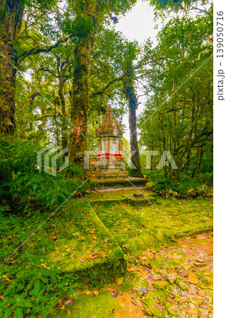 Memorial shrine at Doi Inthanon tropical rainforest park. Elephant statues on the sides as memento of king visit 139050716