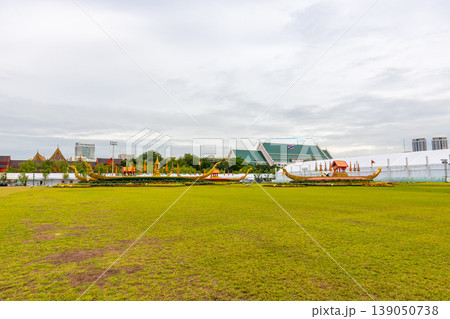 Thai royal barges are placed on the grass. Thai royal barges are placed on the grass. 139050738