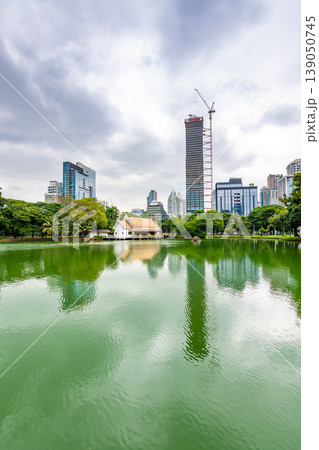 Bangkok cityscape view from Lumpini park in city center. Panoramic photo of skyscrapers and futuristic buildings from metal and glass. View from the small lake in Lumpini park. Fresh green plants. 139050745