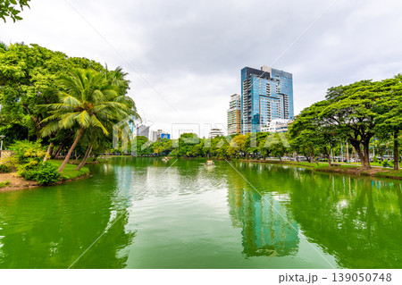 Bangkok cityscape view from Lumpini park in city center. Panoramic photo of skyscrapers and futuristic buildings from metal and glass. View from the small lake in Lumpini park. Fresh green plants. Bangkok cityscape view from Lumpini park in city center. Panoramic photo of skyscrapers and futuristic buildings from metal and glass. View from the small lake in Lumpini park. Fresh green plants. 139050748