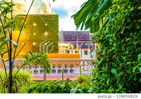 Golden statue of elephant placed on Wat Phra Singh temple in Chiang Mai,Thailand. Beautiful buddhist symbol, famous tourist destination. Ancient sculpture in small parkland. Religion and spirituality Golden statue of elephant placed on Wat Phra Singh temple in Chiang Mai,Thailand. Beautiful buddhist symbol, famous tourist destination. Ancient sculpture in small parkland. Religion and spirituality 139050829