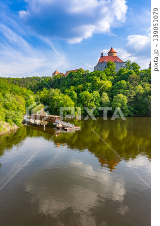 Veveri castle, Czech republic. Old ancient castle near the Brno city in South Moravia region. Translation: "Hrad Veveri" means "Castle Veveri". Veveri castle, Czech republic. Old ancient castle near the Brno city in South Moravia region. Translation: "Hrad Veveri" means "Castle Veveri". 139051079