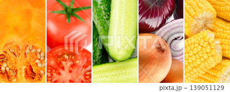 Fresh Vegetable Collage with Pumpkin Tomato Cucumber Onion and Corn Fresh Vegetable Collage with Pumpkin Tomato Cucumber Onion and Corn 139051129