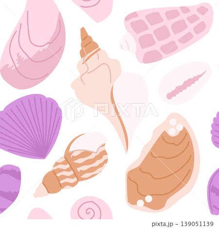 Seamless pattern with seashells: vector marine background in pastel pink, purple and beige tones. 139051139