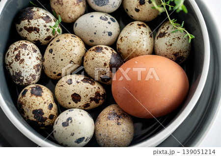 Natural speckled quail eggs with chicken egg in clean food composition. Natural speckled quail eggs with chicken egg in clean food composition. 139051214