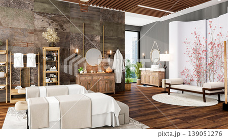 Oriental Luxury Modern Spa Treatment Room Interior with City View, 3D Rendering 139051276