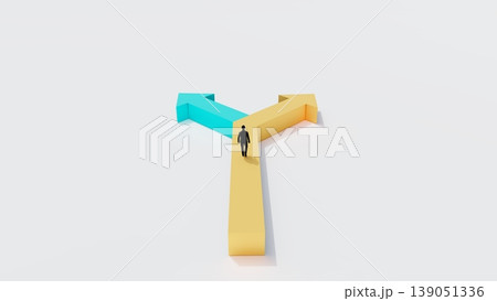 3D minimal scene of businessman facing two opposite arrow paths, concept of decision making, choice, strategy, direction and business growth opportunity 139051336