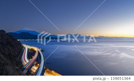 Mount Fuji at Golden Hour with Light Trails in Japan Mount Fuji at Golden Hour with Light Trails in Japan 139051364