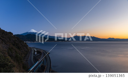 Mount Fuji at Golden Hour with Light Trails in Japan Mount Fuji at Golden Hour with Light Trails in Japan 139051365