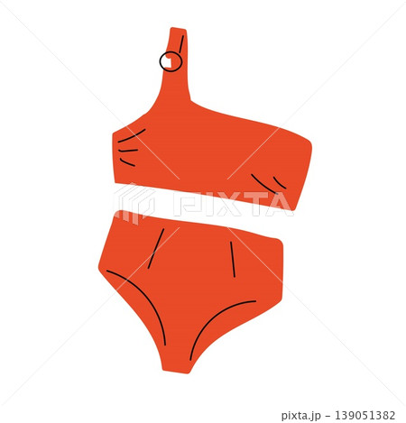 Red one shoulder bikini top with high waist bottoms 139051382