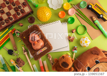Playful School Capybara Themed Supplies Flat Lay 139051387