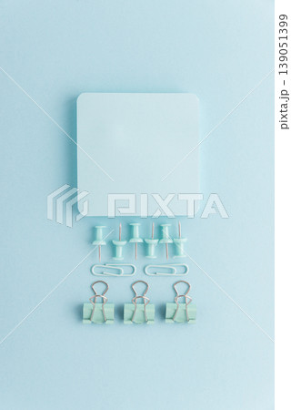 Blue School Stationery Flat Lay on Blue Background Blue School Stationery Flat Lay on Blue Background 139051399
