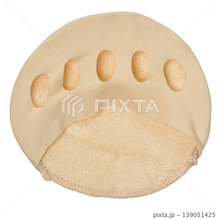 A soft beige foot pad with toe separators on a white background, designed to relieve pressure on the forefoot. A soft beige foot pad with toe separators on a white background, designed to relieve pressure on the forefoot. 139051425