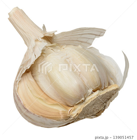Clove of garlic in a dry beige peel, isolated on a background. Cooking seasoning. 139051457