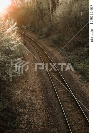 Delivery Railway tracks sunset curve perspective gravel 139051467