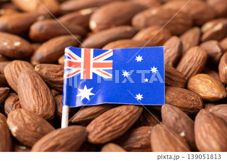 Flag of Australia on almonds. Origin of nuts, agribusiness of growing almond in Australia 139051813