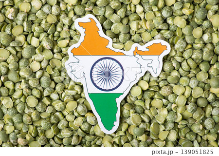 Flag and map of India in green pea. Concept of origin of pea grain, agribusiness in India 139051825