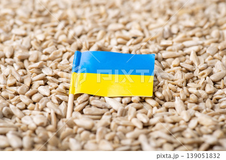 Flag of Ukraine on peeled sunflower seeds. Origin of grown sunflower grain, agribusiness 139051832