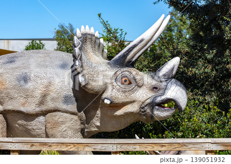 A large model Dinosaur in the outdoors at a wildlife park in Australia A large model Dinosaur in the outdoors at a wildlife park in Australia 139051932