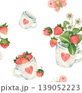 Seamless pattern with strawberry bouquet in a cup, mug full of strawberries, empty white cups. Garden or wild berries in cartoon style. Hand-drawn watercolor illustration isolated on white background 139052223