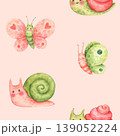 A simple seamless pattern of snails and butterflies. Forest or garden insects and snails in cartoon style. Funny and cute characters. Hand-drawn watercolor illustration isolated on a pink background 139052224