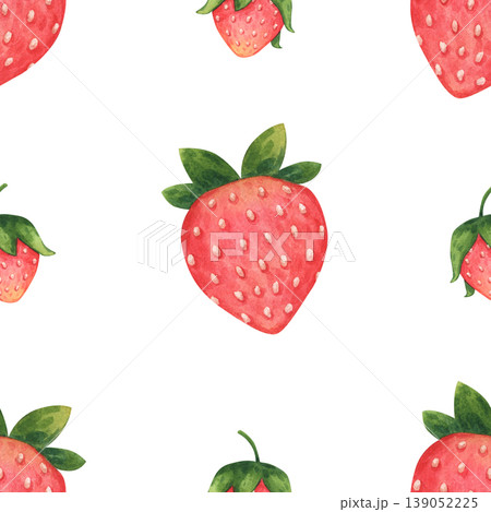 Simple seamless pattern of ripe, juicy strawberries. Wild or garden berries in cartoon style. Hand-drawn watercolor illustration isolated on a white background. Ideal for package, textile, polygraph Simple seamless pattern of ripe, juicy strawberries. Wild or garden berries in cartoon style. Hand-drawn watercolor illustration isolated on a white background. Ideal for package, textile, polygraph 139052225