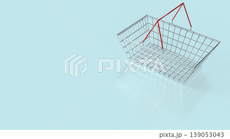 Minimalist Wire Shopping Basket With Red Handles Isolated On Blue Background 3d render. Minimalist Wire Shopping Basket With Red Handles Isolated On Blue Background 3d render. 139053043