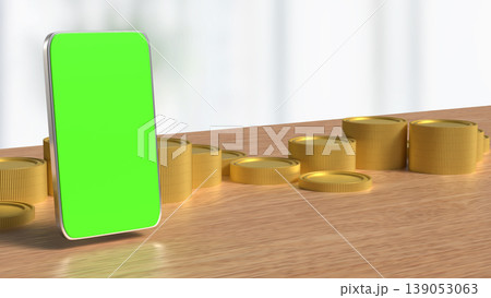 Mobile Banking and Investment Concept with Smartphone Green Screen and Gold Coins 3d render. Mobile Banking and Investment Concept with Smartphone Green Screen and Gold Coins 3d render. 139053063