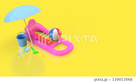 Colorful Summer Vacation Beach Accessories with Inflatable Float and Umbrella 3d render. 139053066