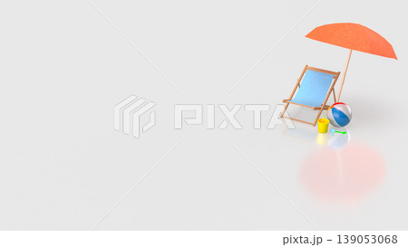 Relaxing Summer Beach Setup with Chair Umbrella and Colorful Accessories 3d render. Relaxing Summer Beach Setup with Chair Umbrella and Colorful Accessories 3d render. 139053068